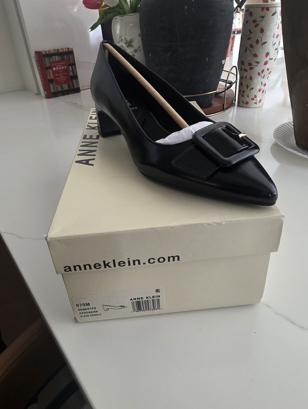 Bentley Pump Anne Klein Black Pointed Toe Block Heel Pump with Buckle Accent
